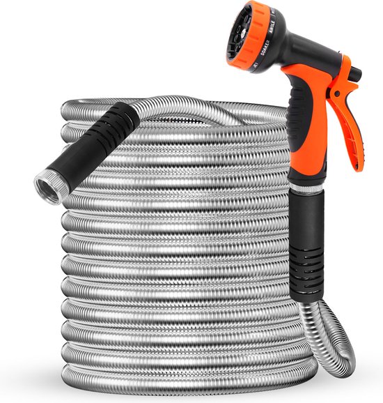 FlinQ RVS Flexibele Tuinslang tot 15 meter - Waterslang met Sproeikop - Flexibel dus geen Knopen