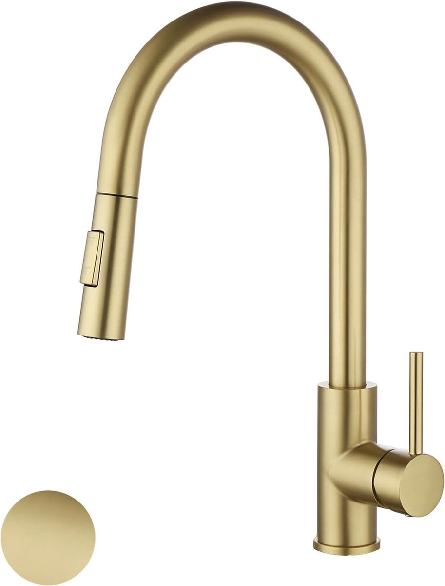 LifeStages Golden Keukenkraan Vlekvrij Keukenmengkraan Uitschuifbare Keukenkraan met Douche Twee Waterstraalsoorten Eéngreeps Wastafelkraan 360° Draaibaar Geborsteld Goud