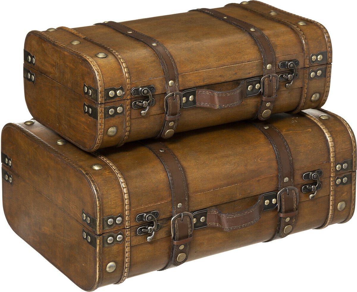 Houten Hutkoffer Vintagelook - Set van 2 - Opbergkoffer - Opbergkist - Steampunk koffer - zeer decoratief en mooi!
