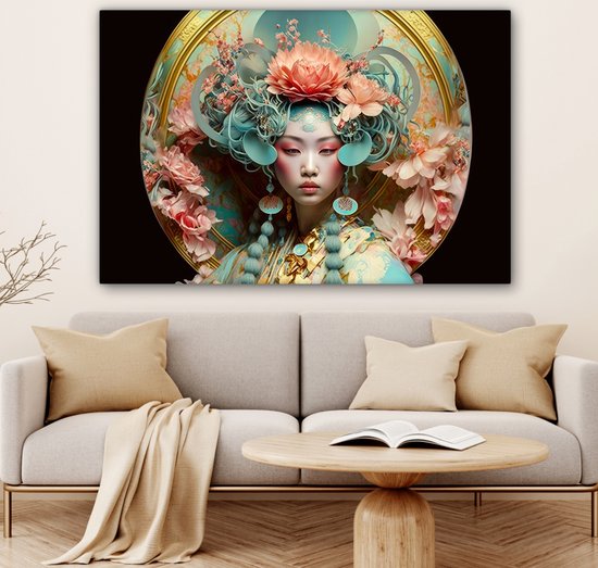 Une peinture d'une femme asiatique avec une grande coiffe florale dans des tons pastel et bleus.