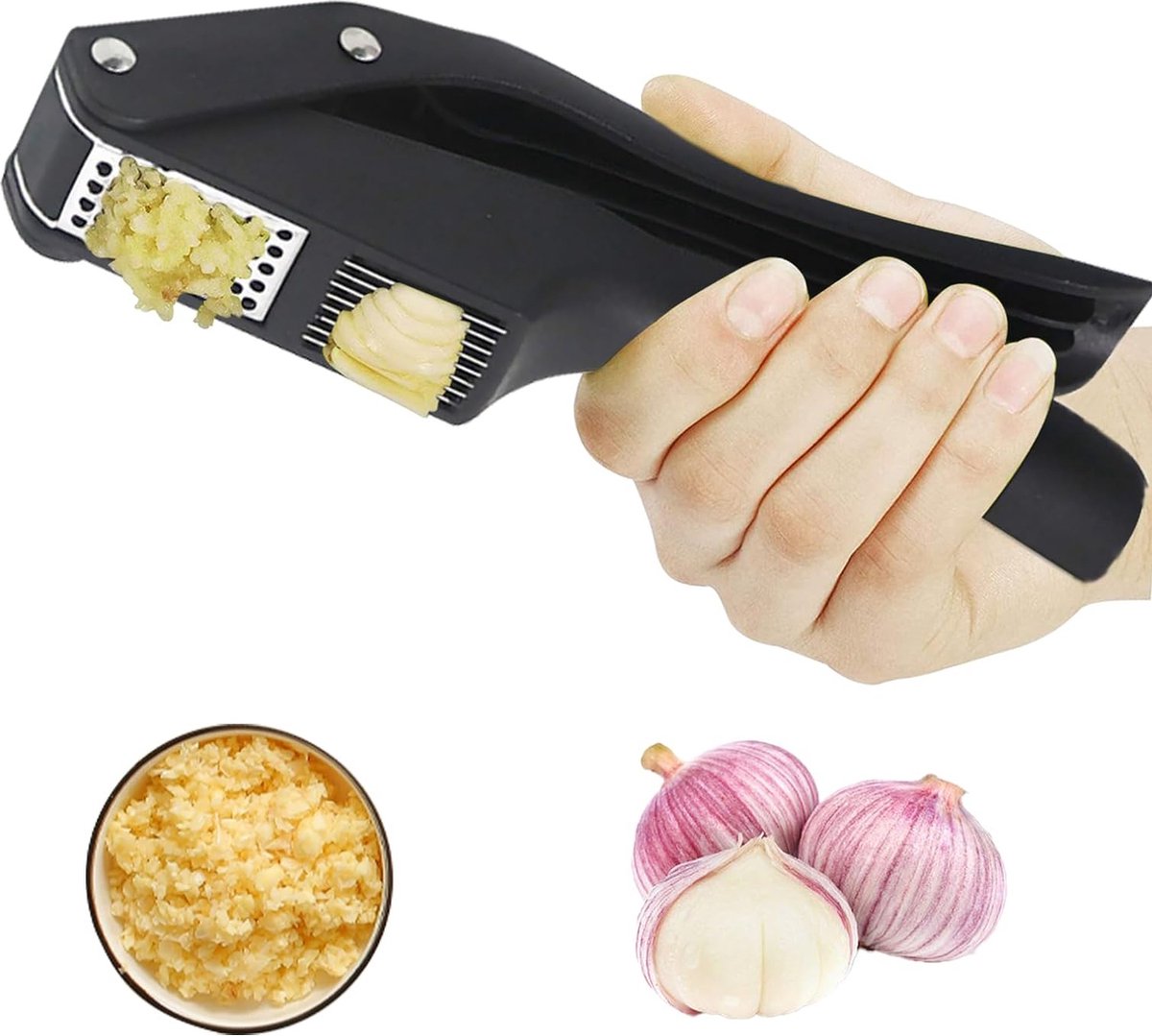Knoflookpers 2 in 1 Knoflookpers Gemberbreker Premium Knoflookmolen voor Knoflookpuree en Knoflookvlokken Gemakkelijk schoon te maken en Duurzaam Zwart