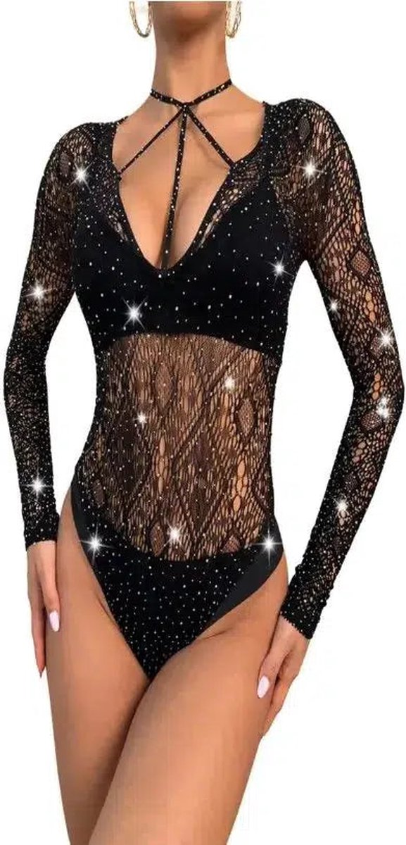 Goedkoopste Cindylove - Body met mouwen en strass steentjes - Zwart