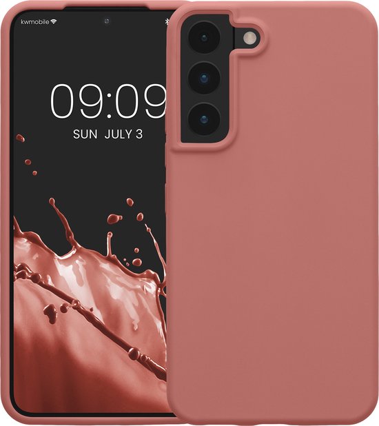 Roze telefoonhoesje voor Samsung S22, met telefoon ernaast. Telefoon toont tijd 09:09 en datum.