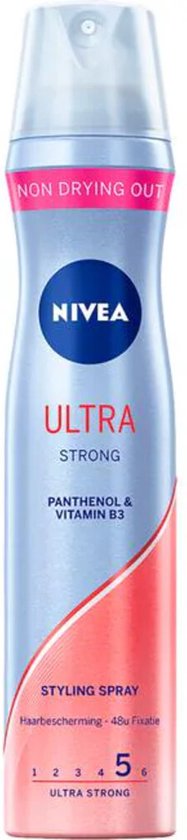 NIVEA Ultra Strong Styling Spray. Flacon argenté avec accents roses. Offre 48h de fixation.