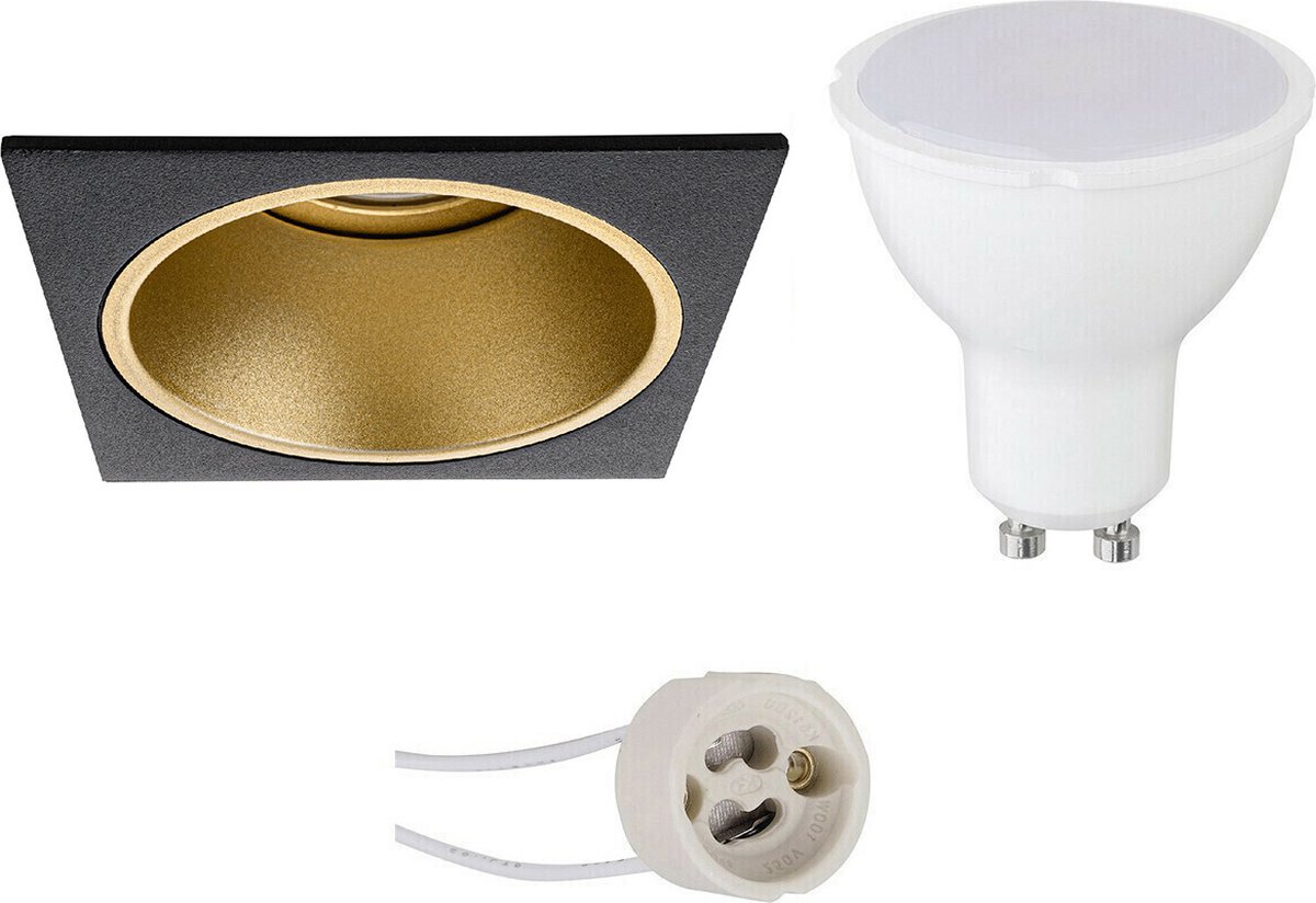 LED Spot Set - Pragmi Minko Pro - GU10 Fitting - Inbouw Vierkant - Mat Zwart/Goud - 4W - Warm Wit 3000K - Verdiept - 90mm