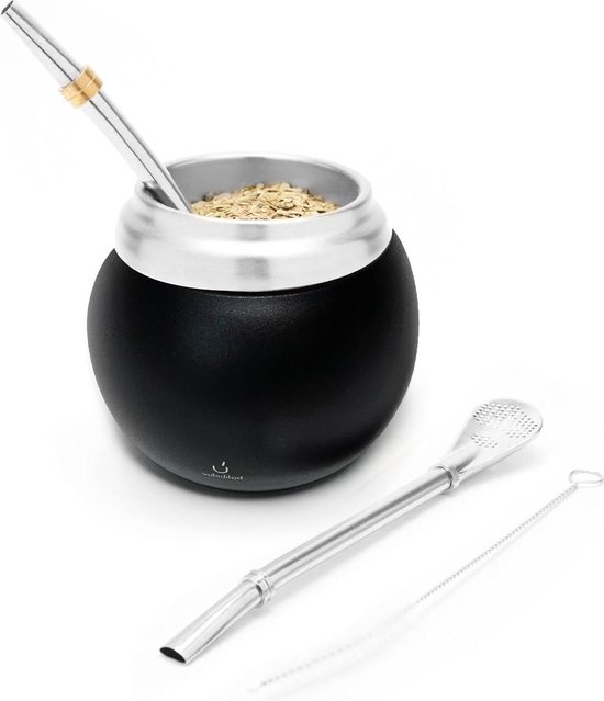 Beruth Bombilla Yerba Mate Kalebas, 8 oz roestvrijstalen theekop set met multifunctioneel deksel, twee rietjes en reinigingsborstels, dubbelwandige koffiemok warmte- isolatie, anti-verbranding BR2303