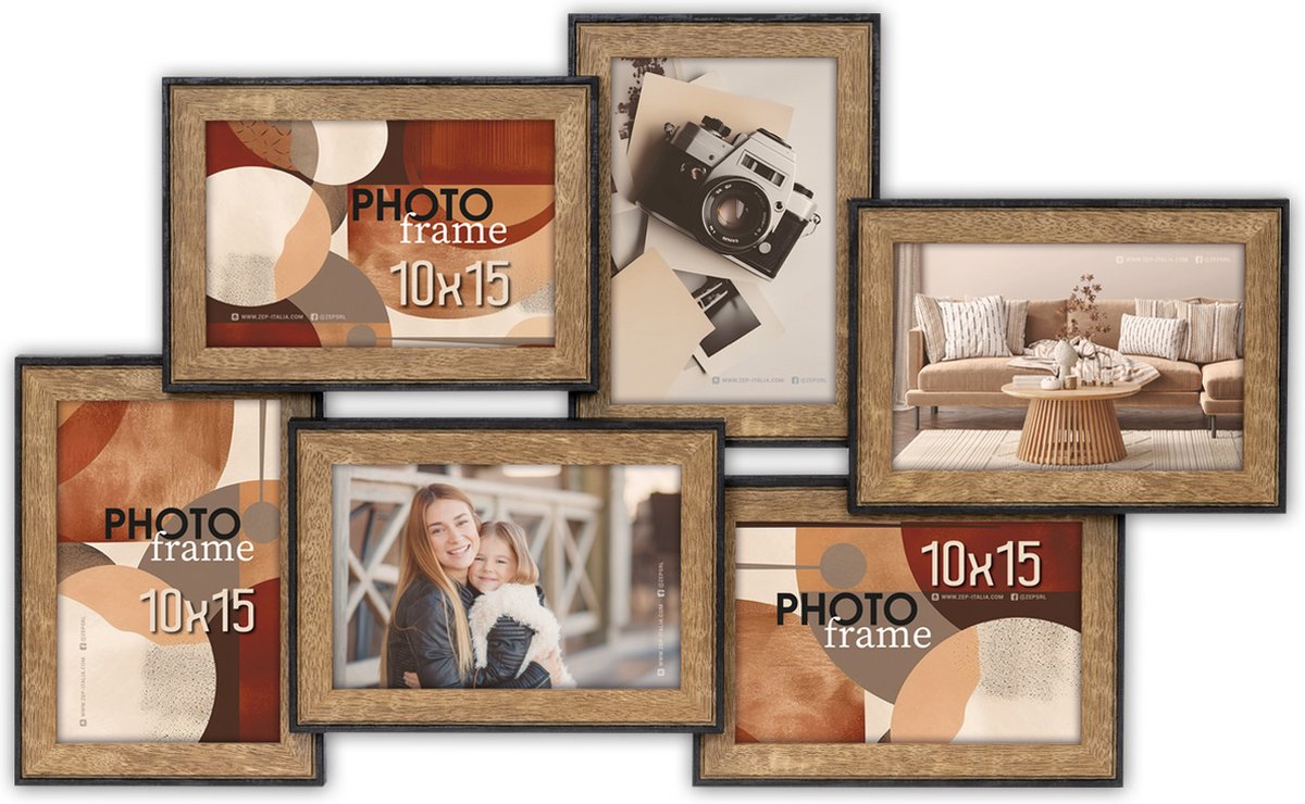 ZEP - Houten Multi Fotolijst Lubecca Zwart / Bruin voor foto formaat 6x 10x15 cm (52x32 cm) - DA266