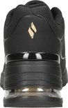 Achterkant van een zwarte Skechers sneaker met goudkleurig logo en gedetailleerde luchtzool.