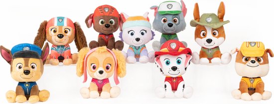 Negen PAW Patrol-knuffels in verschillende outfits, waaronder Chase, Skye en Tracker.