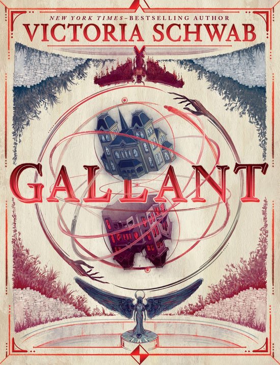 Boekcover van "Gallant" door Victoria Schwab, met een spookhuis in het midden, omringd door rode draden en vleugels.