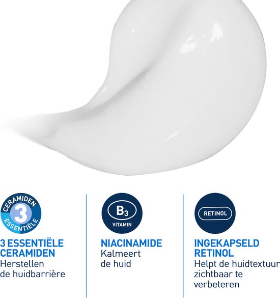 Een witte streep crème op een huidkleurige achtergrond met iconen: 3 essentiële ceramiden, Niacinamide, en Ingekapseld Retinol.