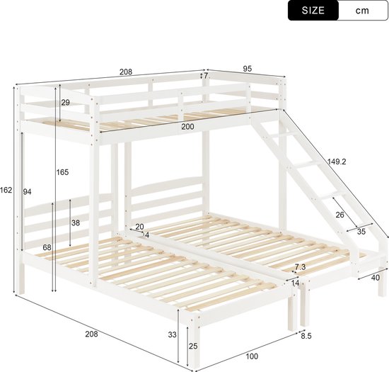 HYUB Kinderbed, stapelbed met valbeveiliging en glijbaan, veelzijdig hoogslaper met trap en slimme planken, bedframe en lattenbodem van stevig grenenhout, voor kinderen en jongeren, natuur