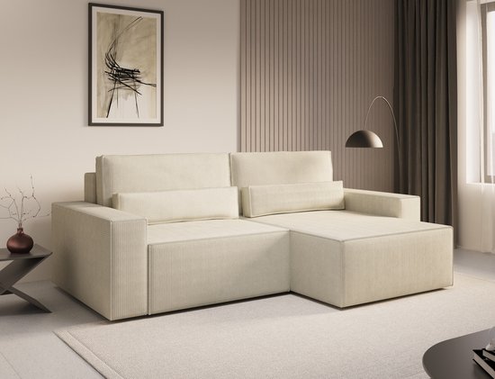 InspireME - Ecksofa DENVER MINI aus Cord, Ottomane beidseitig montierbar Couch Cord für Wohnzimmer Schlafsofa Sofagarnitur Sofa Eckcouch L-Form Cordstoff, mit Schlaffunktion und Bettkasten - Beige - Poso 105