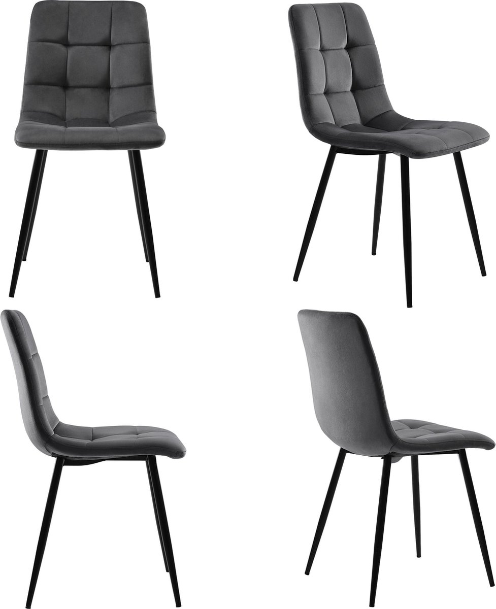 Merax Eetkamerstoelen Set van 4 - Donkergrijs - Velvet Bekleding - Metalen Frame - Design Stoelen met Rugleuning