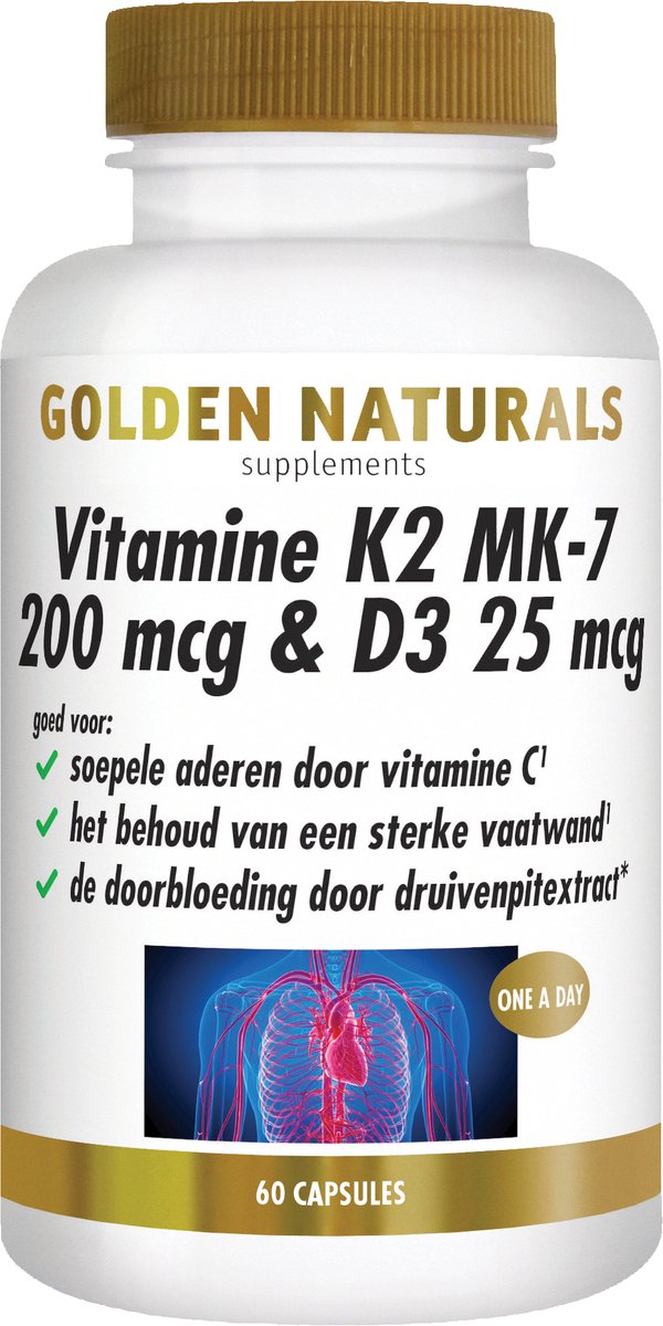 Goedkoopste Golden Naturals Vitamine K2 MK-7 200 mcg & D3 25 mcg (60 vegetarische capsules