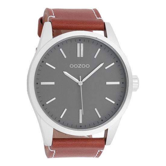 OOZOO Timepieces - Zilverkleurige horloge met cognac leren band - C7841
