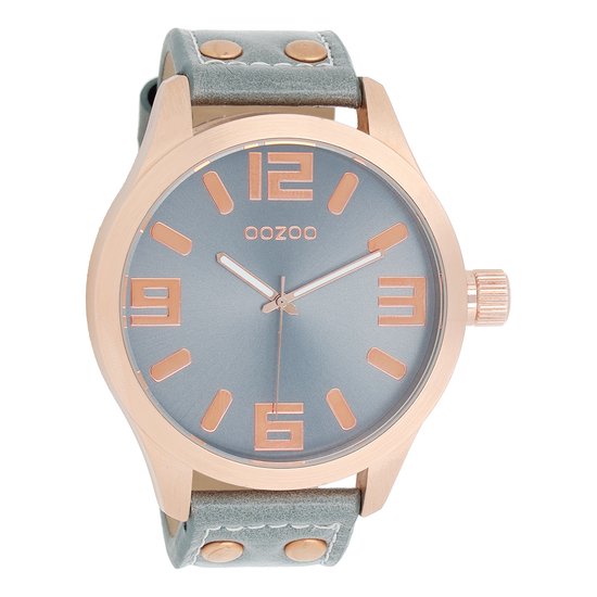 OOZOO Timepieces - Rosé goudkleurige horloge met aqua grijze leren band - C1104