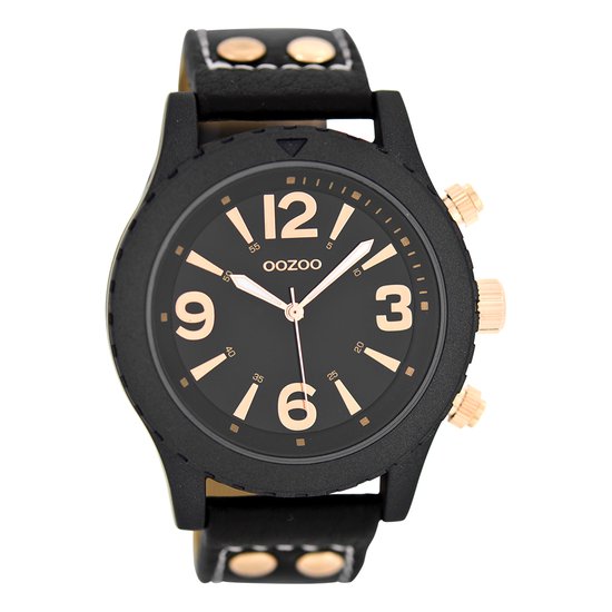 OOZOO Timepieces - Zwarte horloge met zwarte leren band - C6114