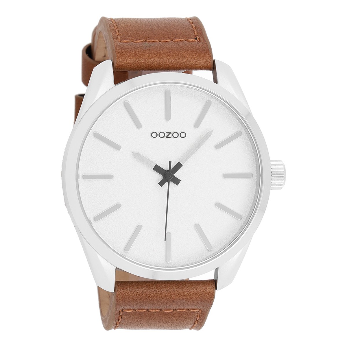 OOZOO Timepieces - Zilverkleurige horloge met bruine leren band - C10320