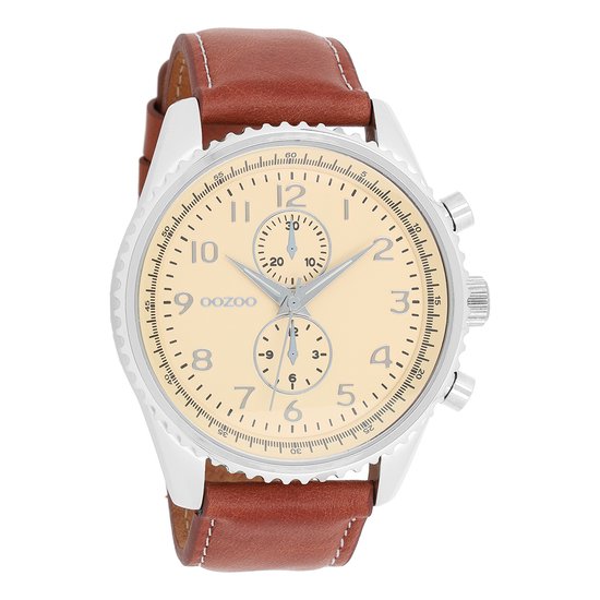 OOZOO Timepieces - Zilverkleurige horloge met bruine leren band - C6041