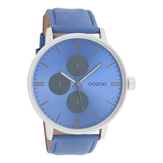 OOZOO Timepieces - Zilverkleurige horloge met blauwe leren band - C10310