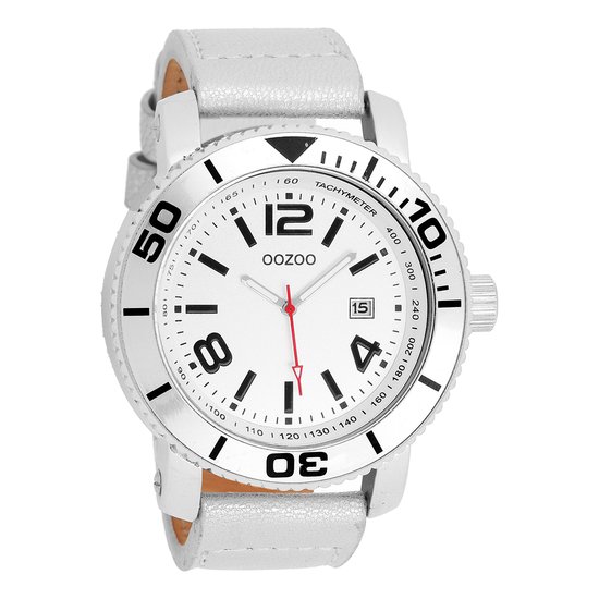 OOZOO Timepieces - Zilverkleurige horloge met witte leren band - C2586