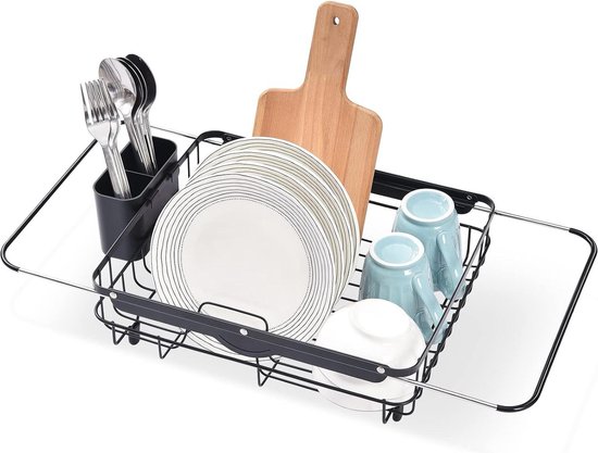 Groot égouttoir à vaisselle pour évier de cuisine - égouttoir d'évier avec porte-couverts et support extensible antirouille noir