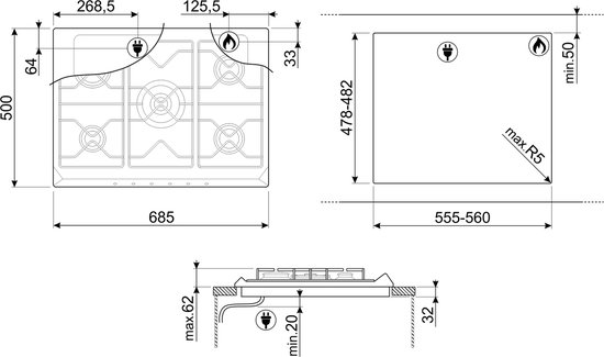 Smeg SR975NGH kookplaat Zwart Ingebouwd Gaskookplaat 5 zone(s)