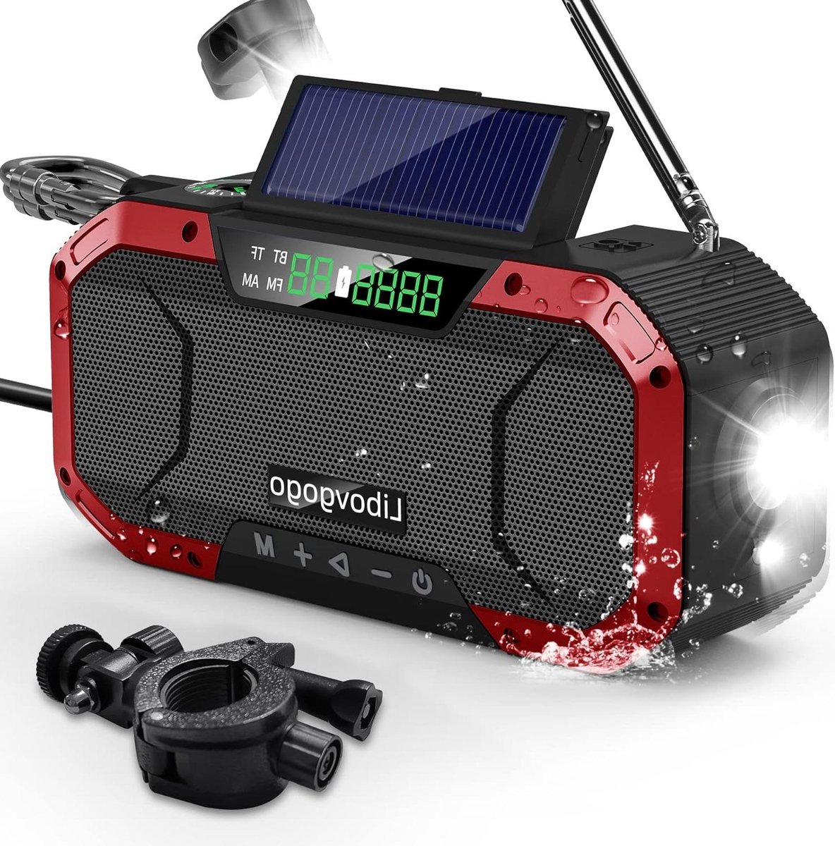 Zwengelradio met mobiele telefoonoplaadfunctie en zonne-energie - 5000 mAh - 7W IPX5 waterdichte Bluetooth-luidspreker - Draagbare AM/FM-noodradio met autoscan - Zaklamp - LED-leeslamp - Outdoor camping uitrusting - Noodgevallen