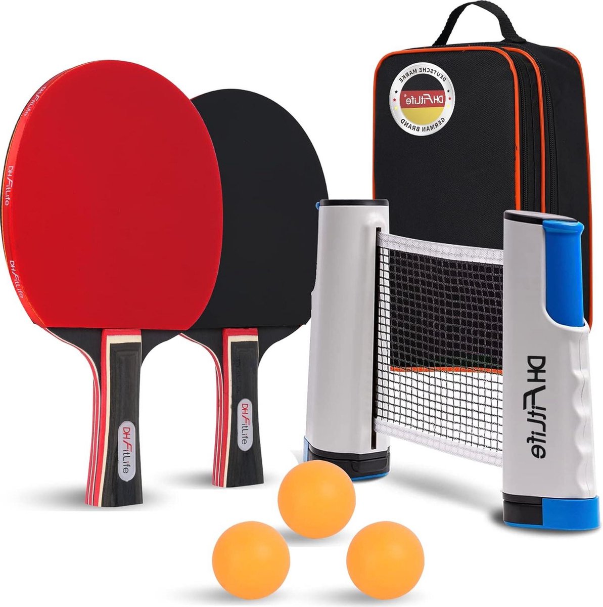 Tafeltennis set voor 2 spelers - uittrekbaar mobiel tafeltennisnet - inclusief 3 tafeltennisballen en 2 batjes - opbergtas - tafeltennisset met net