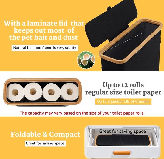 Opbergmand voor toiletpapier, bamboe badkamerorganizer, toiletpapierhouder met deksel