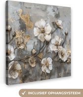 Peinture sur toile 20x20 cm - Décoration murale Fleurs - Wit - Grijs - Or - Luxe - Décoration murale murale salon - Décoration chambre - Accessoires de chambre - Peintures