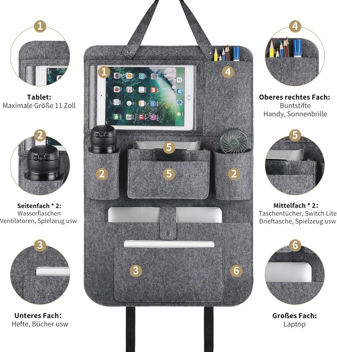 Rugleuningbescherming autostoelorganizer achterbank-organizer - tablet/telefoonopslag - waterdicht - multifunctioneel - autoopbergtas - veel zakken - html content nodig Auto organizer – foto 7