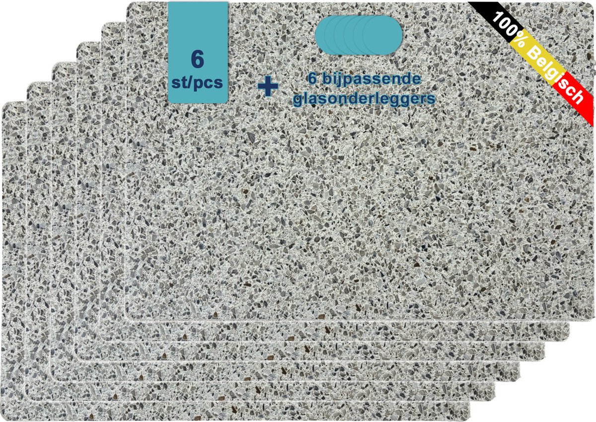 JYG Luxe Vinyl Placemats MURCIA 6 stuks + 6 glasonderleggers - Belgische Kwaliteit, Afwasbaar, Terrazzo Dessin, 30x45cm, Extra Dik en Hittebestendig