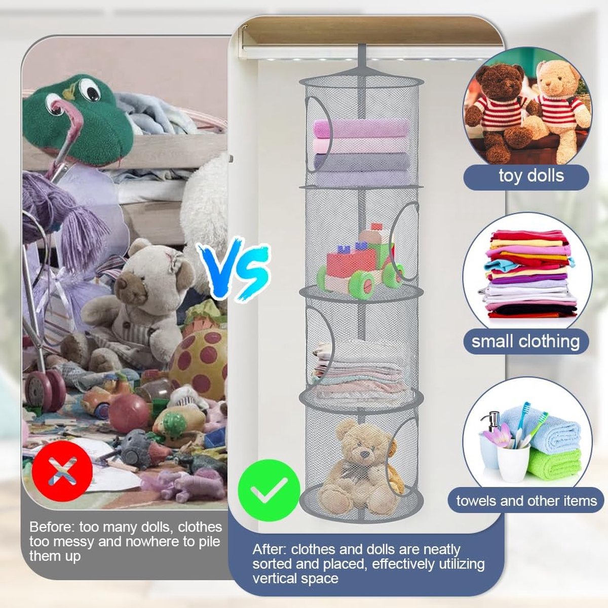 3 Filets De Rangement Suspendus - 4 Compartiments Chacun - Avec Crochets S - Pour Jouets Et Vêtements