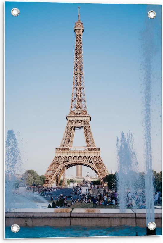 Tuinposter – Eiffeltoren in Parijs met helderblauwe Lucht - 40x60cm Foto op Tuinposter  (wanddecoratie voor buiten en binnen)