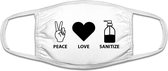 Peace, Love Sanize mondkapje | grappig | funny | gezichtsmasker | bescherming | bedrukt | logo | Wit mondmasker van katoen, uitwasbaar & herbruikbaar. Geschikt voor OV