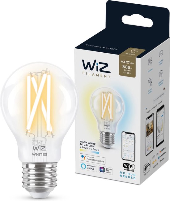 WiZ Filamentlamp Slimme LED Verlichting - Warm- tot Koelwit Licht - E27 - 60 W - Transparant - Wi-Fi