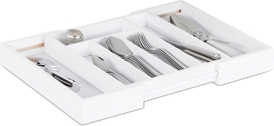 plateau à couverts relaxdays bambou blanc - extensible - 5 à 7 compartiments - plateau à couverts - plateau de rangement