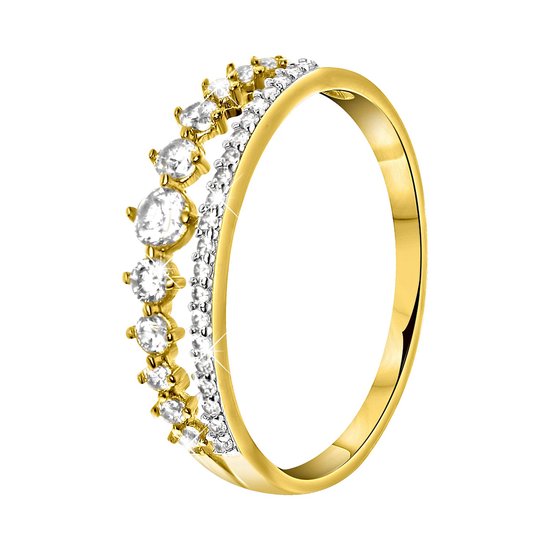 Lucardi - Dames Ring 2rij met zirkonia - Ring - Cadeau - Karaat Goud - Geelgoud