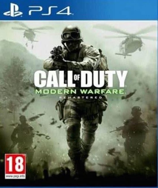 PlayStation 4 spel "Call of Duty: Modern Warfare Remastered" met een soldaat in gevechtstenue, helikopters en PEGI 18 rating.