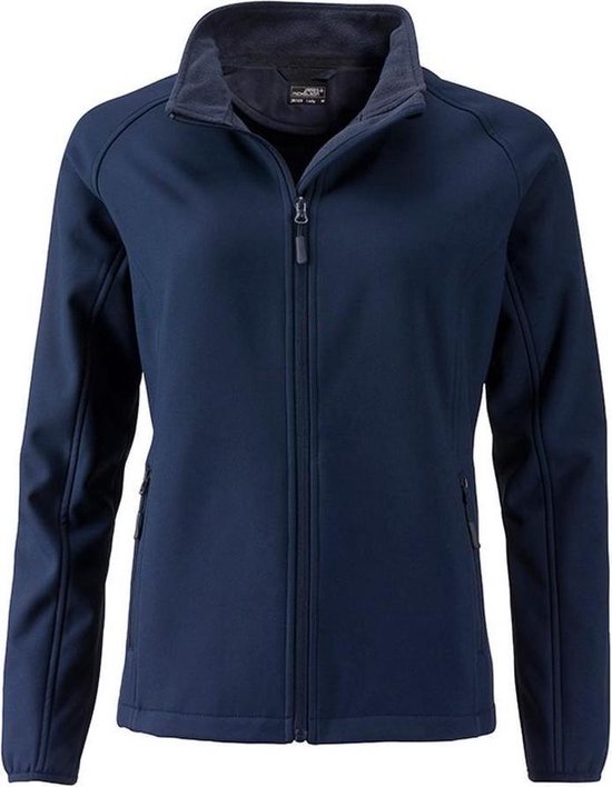 Veste softshell bleu marine pour femme, avec fermeture éclair et col haut.