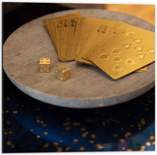 Dibond - Gouden Kaart met Dobbelstenen - 50x50cm Foto op Aluminium (Met Ophangsysteem)