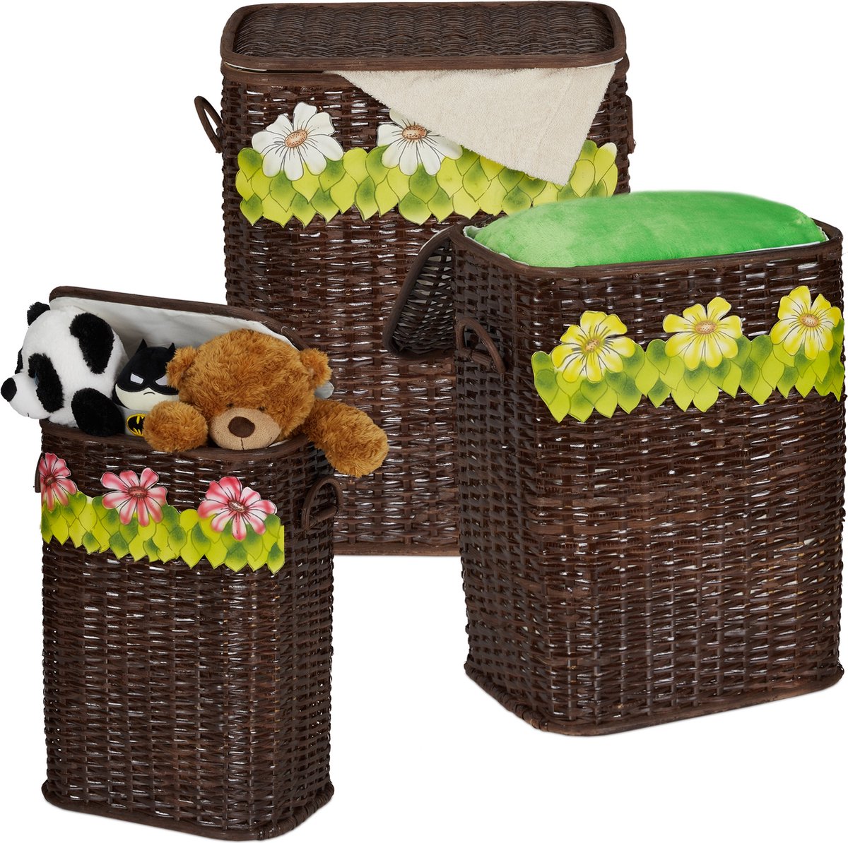 Goedkoopste relaxdays wasmand - set van 3 - opbergmand met deksel - rieten mand - gevlochten A