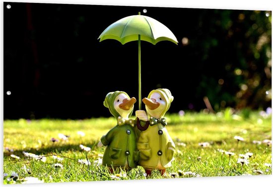 Tuinposter – Eendjes Met Regenjas en Paraplu - 150x100cm Foto op Tuinposter  (wanddecoratie voor buiten en binnen)