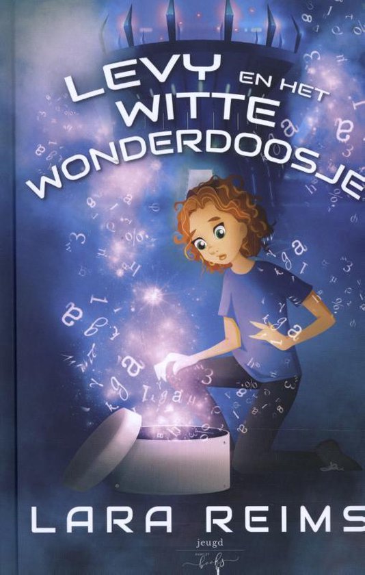 Een meisje met rood krullend haar opent een wit doosje waaruit licht en cijfers komen. Boekomslag Levy en het Witte Wonderdoosje.