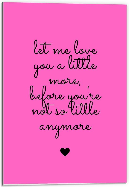 Dibond - Tekst: ''Let Me Love You A Little More Before You're Not So Little Anymore'' zwart/roze - 40x60cm Foto op Aluminium (Met Ophangsysteem)