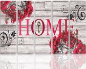 Schilderij HOME met rode bloemen, THUIS, XXL, 5 luik