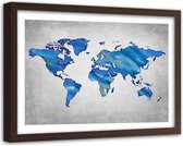 Foto in frame , Wereld in blauw tinten , Wereldkaart , 120x80cm ,wanddecoratie ,Premium print