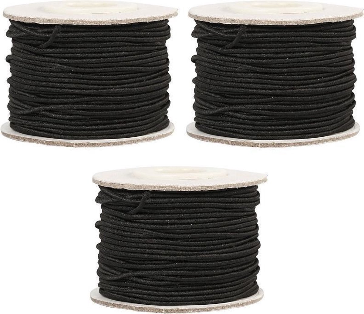 Afbeelding van product Merkloos / Sans marque  3x Rollen zwart elastiek 1 mm x 20 meter hobbymateriaal - 1 mm - Zelf kleding/mondkapjes maken - Naaibenodigdheden - Knutsel/hobbymateriaal